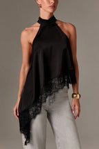 Solid Color Satin Sleeveless Lace Hem Loose Top