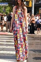 Stylish Color-blocked Plaid Print Sleeveless Round Neck Loose Maxi Dress