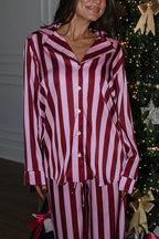 Courtney Satin Colorblock Striped Loose Shirt and Elastic Waist Pocketed Pajama Set