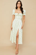 Puff Sleeve Wrap Slit Maxi Floral Dress