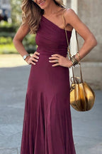 Burgundy One-Shoulder Tulle Ruched Waist Tiered Maxi Formal Dress