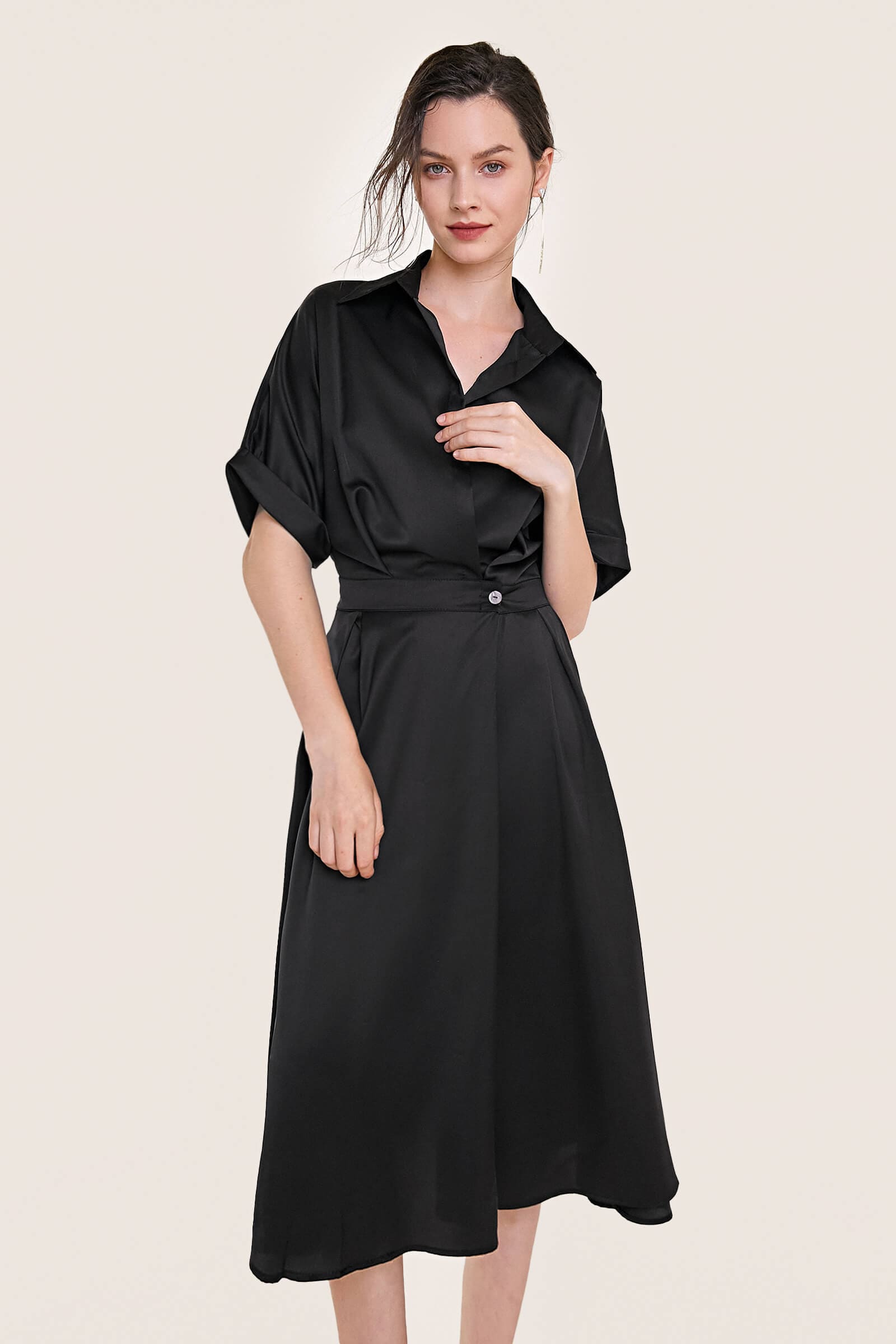 Black Short Sleeve Pleat Detail Shirt Dress