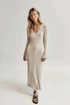Sasha Timeless Knitted Midi Dress with V Neck and Sleeves Evening Wear Edit
