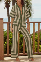 Stylish Knitted Collared Short-Sleeved Button-Up Top and Elastic Waist Casual Pants Cover-Up Set