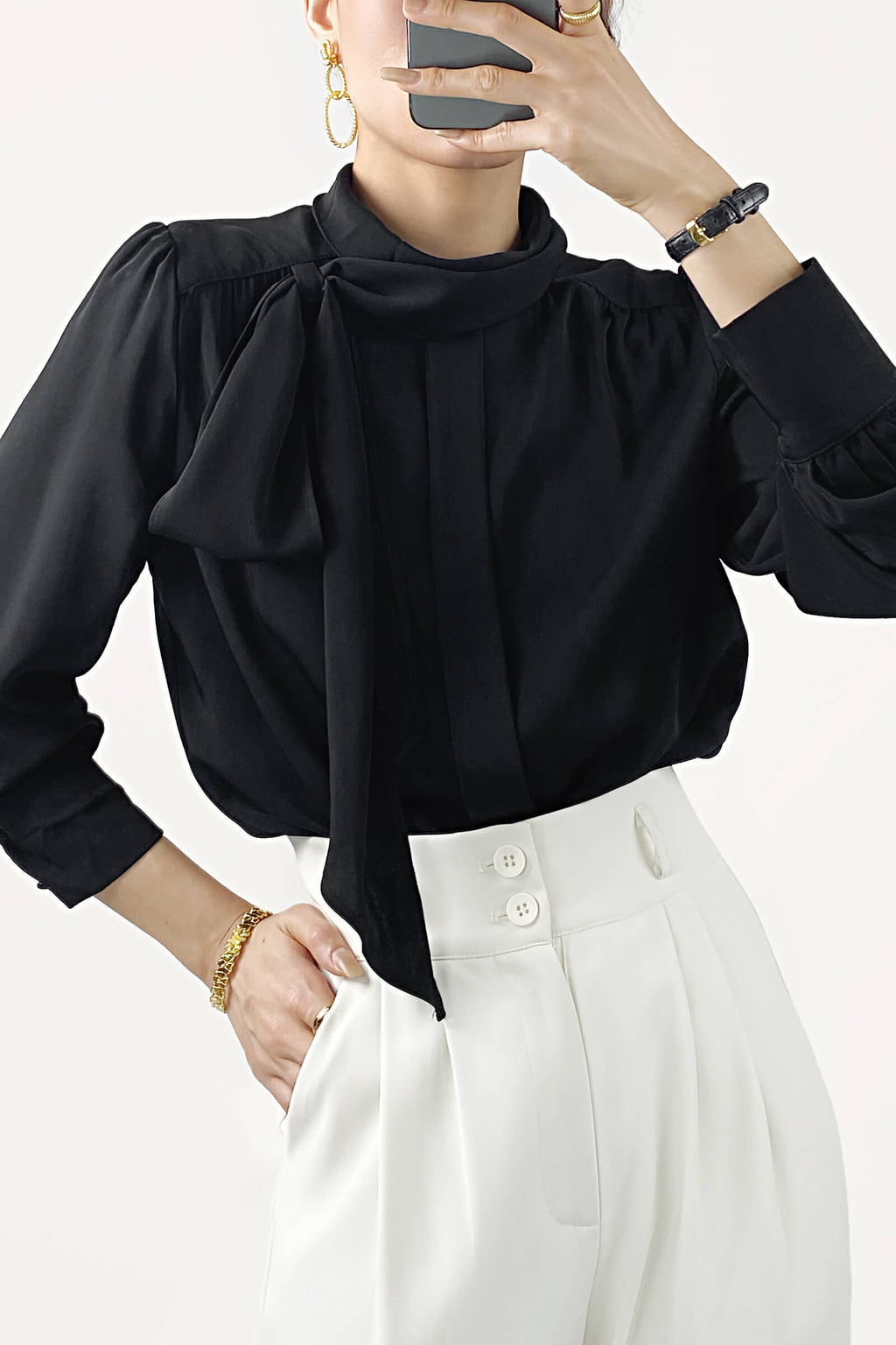Black Long Sleeve Tie Neck Blouse