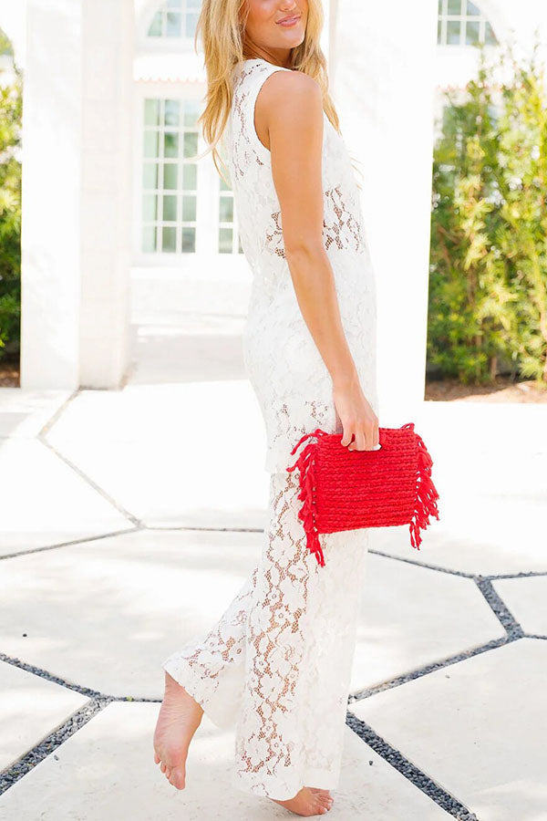 Chic Summer Floral Lace Sleeveless Midi Top and Elastic Waist Loose Pants Set