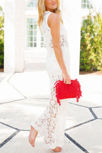 Chic Summer Floral Lace Sleeveless Midi Top and Elastic Waist Loose Pants Set