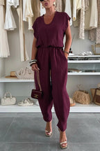 Leva Linen Blend Drawstring Short Sleeve Top and Elastic Waist Pocket Loose Tapered Pants