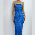 Denim print contrast backless tube maxi dress