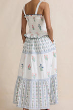White Floral Print Frill Smocked Bodice Boho Dress