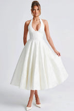 Halter V Neck Jacquard Backless Midi Dress