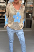 Floral Knitted Hollow V-neck Shirt Floral Mesh Sweater
