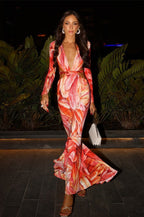 Floral Print V-neck Long Sleeve Cutout Bodycon Maxi Dress