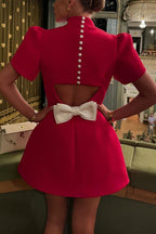Charlie Chic Short Sleeve, Backless Mini Dress with Slit and Detachable Satin Bow Statement Occasion Edit