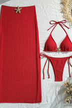 Solid Mesh Maxi Skirt Three Piece Swim Set