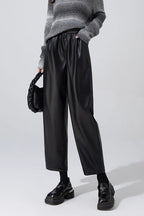 Slim PU Leather Elastic Waist Straight Pants