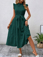 Evelyn Luxe Dress with Belt and Ruffles Elevated Occasion Wear