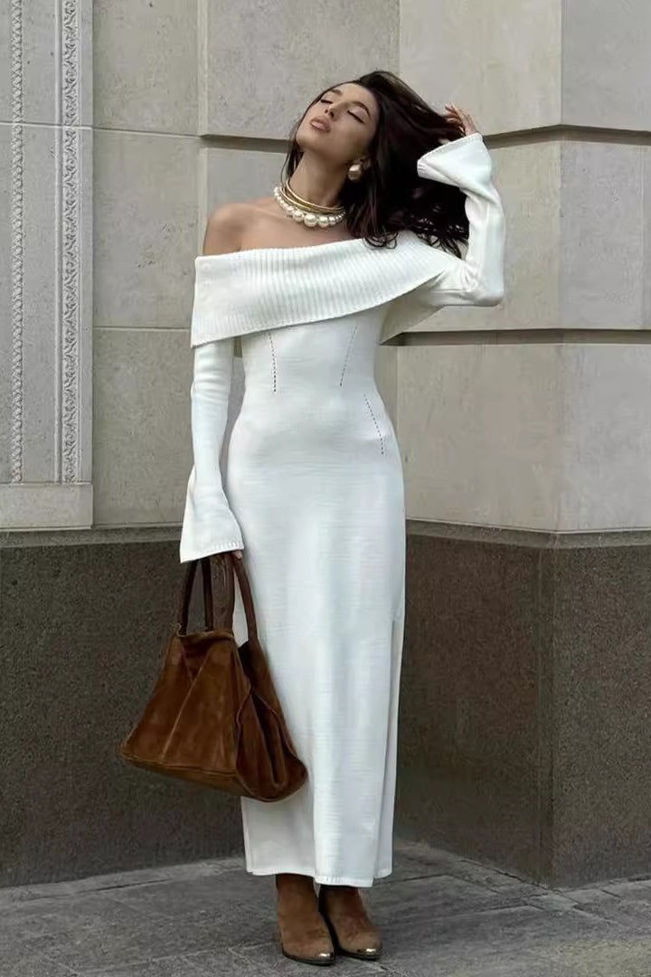 Collared OffShoulder Knit Sweater Dress