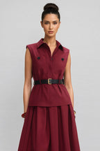 Raelith Red Twill Belted Midi Dress Set