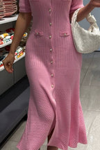Single Breasted V Neck Knitted Slit Peter Pan Collar Midi Dress