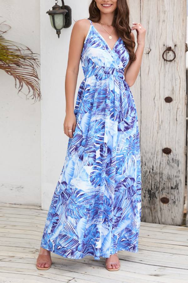 Spaghetti Strap Tropical Print Waist-Cinched Maxi Dress