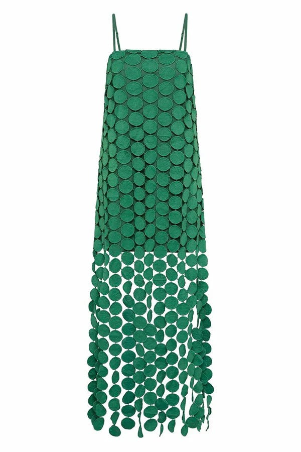 Juju Embroidered Cutout Polka Dots Square Neck Tassel Hem Slip Maxi Dress