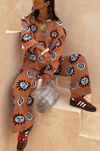 Mediterranean Art Knit Unique Sun Vortex Print Elastic Waist Wide Leg Pants