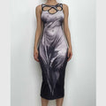 Hollow out abstract irregular sleeveless slit contrast midi dress