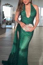 Edeita Sequin Pleated Design Deep Halter U-neck Slit Drape Gown Maxi Dress