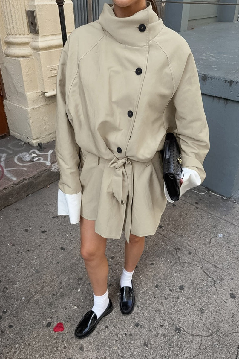 Tailored Stand Collar Tie Waist Slim A Line Mini Dress