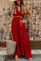 High waist V-neck splicing elegant mid-length dress dress