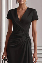 Stylish V-neck Short-sleeved Pleated Waist Elegant Mini Dress