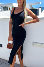Beyond The Waves Shell Texture Knit Slit Tank Midi Dress