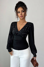 Pearl Accent Solid V-Neck Ruched Waist Sexy Long Sleeve Tee