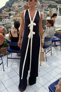 Beach Day Colorblock Bow Detail Slit Midi Top and Elastic Waist Loose Pants Set