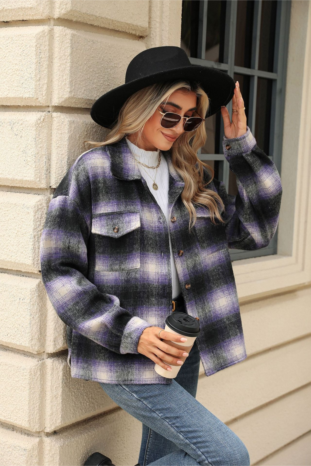 Loose Plaid Lapel Faux Wool Long Sleeve Coat
