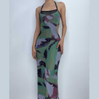 Halter self tie contrast print sheer mesh backless hollow out maxi dress