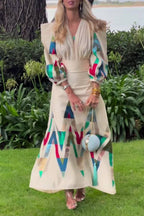 Vintage Geometric Print Padded Shoulder V-neck Waisted Maxi Dress