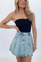 High Waist Denim Pleated ALine Skirt