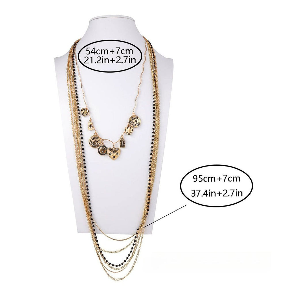 Layered Bead Chain Geometric Charm Statement Necklace