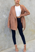 Collared Open Front Faux Suede Coat with Belt