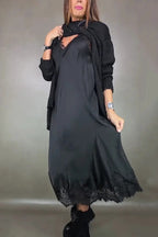 Retro knitted slit two-piece long skirt