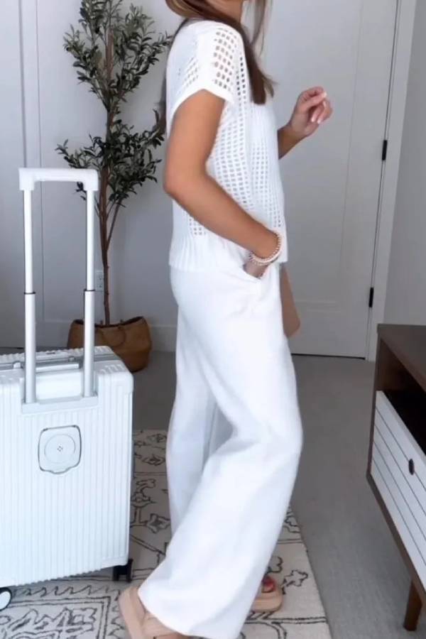 Women Round Neck Hollowed Out Top+ Pants Casual Suit
