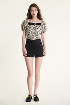 Beige Leaf Print Puff Sleeve Bow Detail Crop Top
