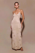 Fitted Maxi Knit Spaghetti Strap V Neck Sweater Dress