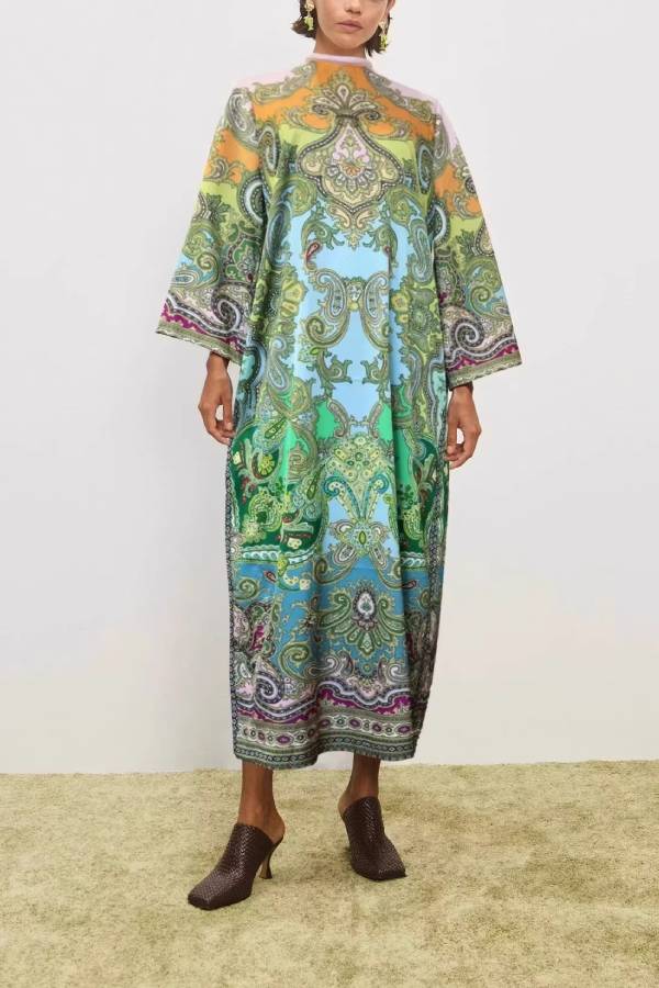 Paisley Print Tie-Waist Slit Maxi Kaftan Dress
