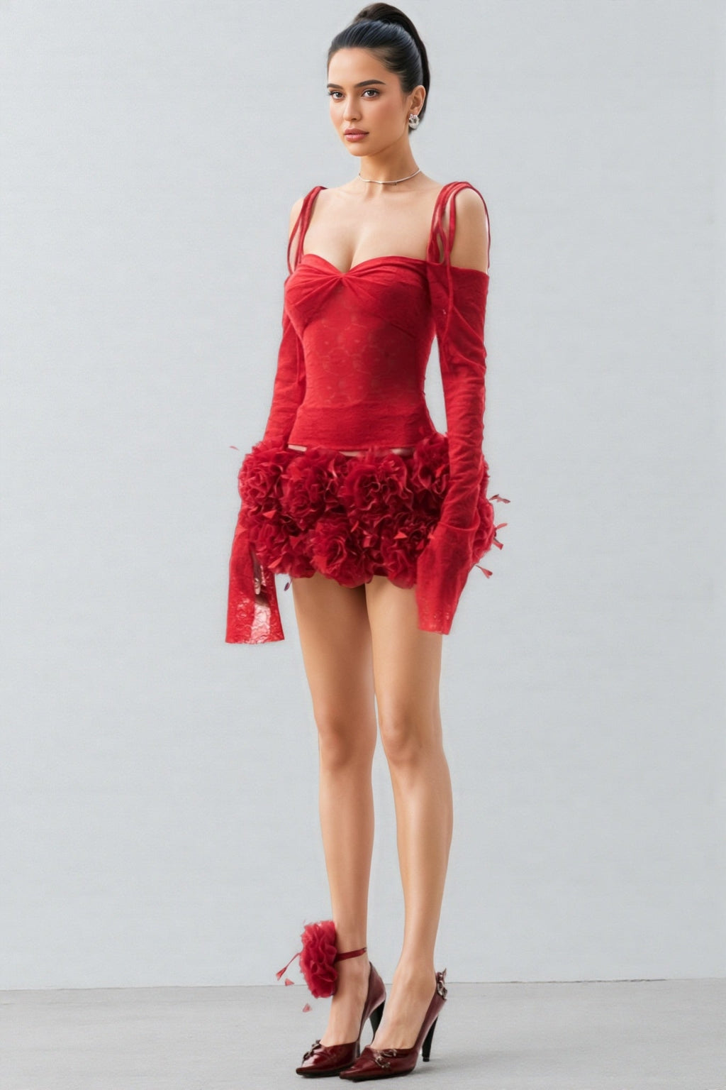 Kainld Red Strapless 3D Flower Mini Dress Set