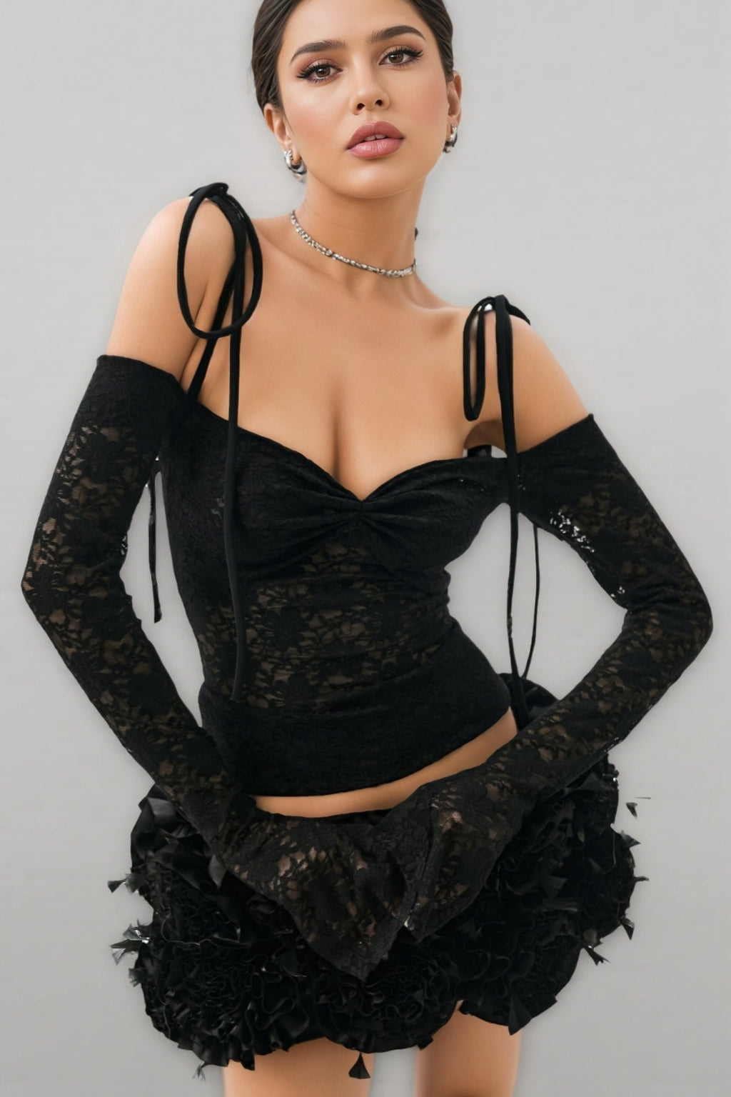 Leths Black Strapless 3D Flower Mini Dress Set