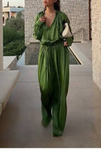 Olive Green Satin Relaxed Wide-Leg Pants Suit