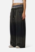 Washed Plaid Patchwork Double Waist Low Rise Pants